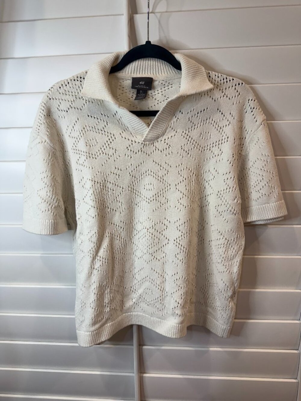 H&M Cream Open-Knit Collared Short Sleeve Sweater Size S